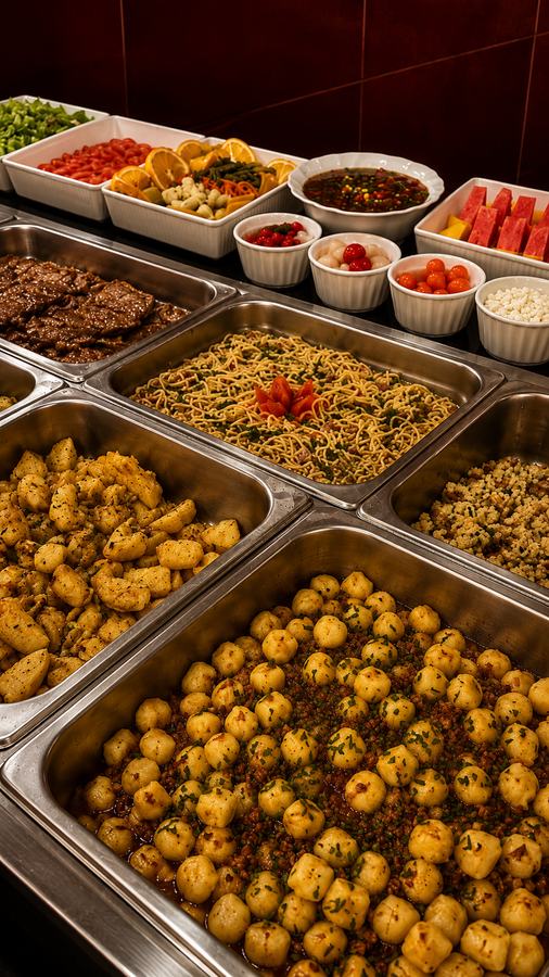 Buffet completo do Gula's com variedade de carnes, massas e acompanhamentos