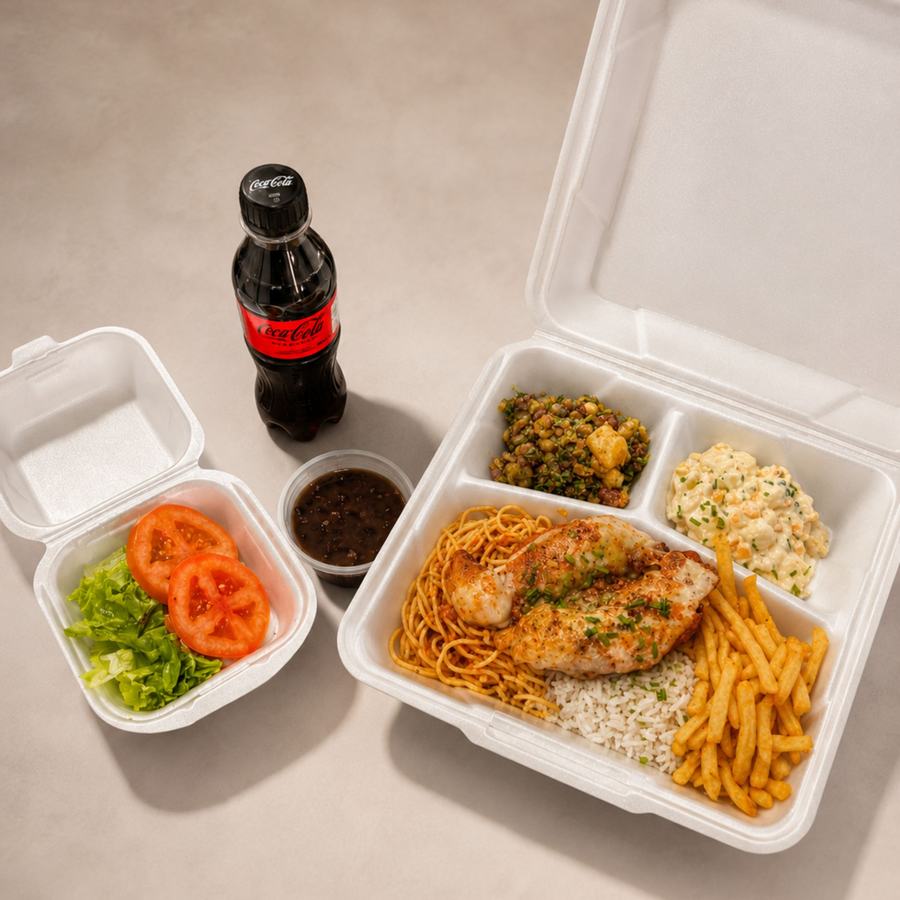 Marmita executiva do Gula's com frango grelhado, espaguete, tropeiro, maionese, fritas, salada e Coca-Cola